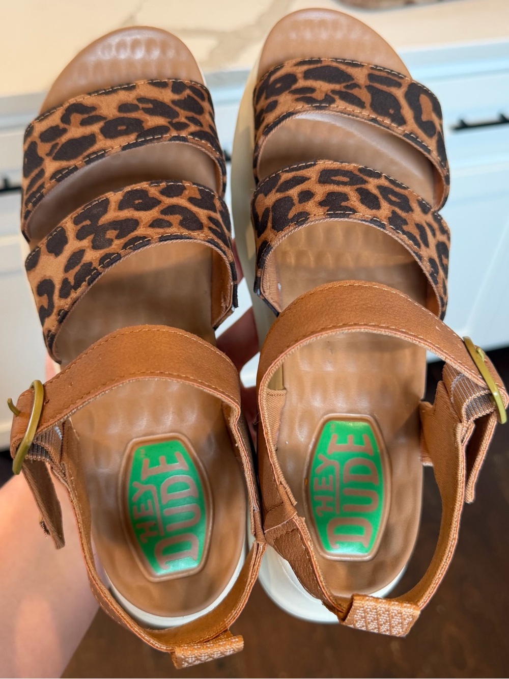 Hey Dude Leopard Print Platform Sandals - Tan and Black